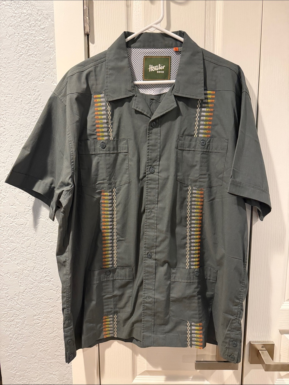 Howler Brothers Olive Green Short-Sleeve Embroidered Guayavera
